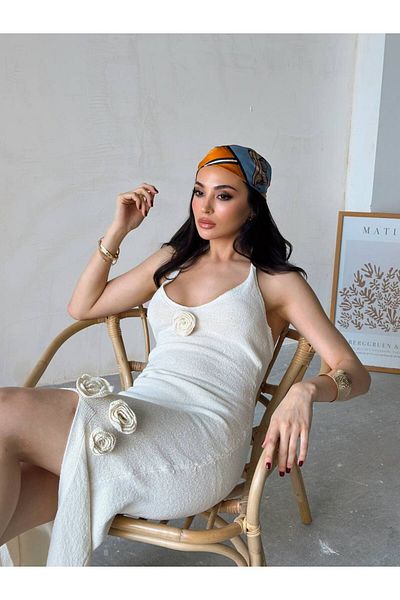 MODAMOR Flower Detail Halter Necklace Slit Dress