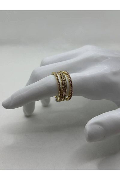 lysiaaccessory 3-Piece Stone Combination Steel Ring Set – Gold Color Pink Stone