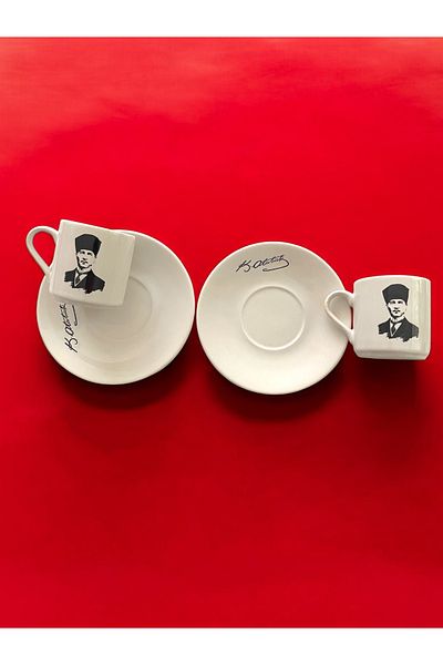Artistic Quality Decorative Mustafa Kemal Atatürk Printed Porcelain Turkish Coffee Cup Set for 2 People