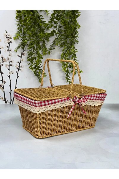 Kosova KOSAVA Kumaşlı Dikdörtgen Rattan Piknik Sepeti 38 cm TKEBT Açık Kahve
