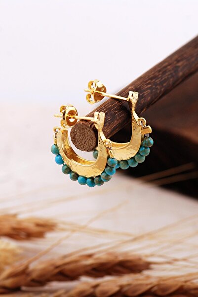 Sümer Telkari Firuze Taşlı Altın Kaplama Gümüş Yarım Halka Küpe 7396