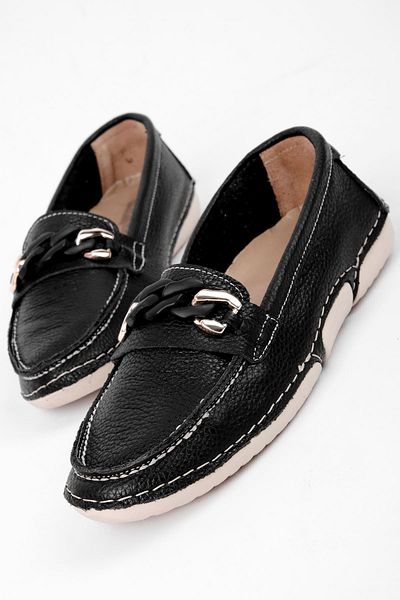 Lal Shoes & Bags Lavi Women's Genuine Leather Buckle Detailed Stitched Ballerina Shoes-Black