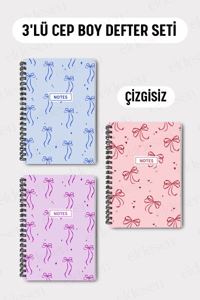 Eldesen Tasarım Set of 3 Pocket Size A6 Spiral Unlined Notebooks, Cardboard Cover 10X14 Cm, 50 Sheets 100 Pages
