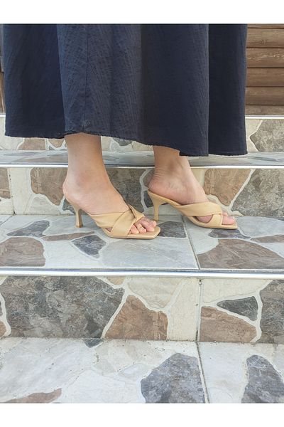 ünverdi İncim Beige Skin Cream Nude Heeled Women's Slippers