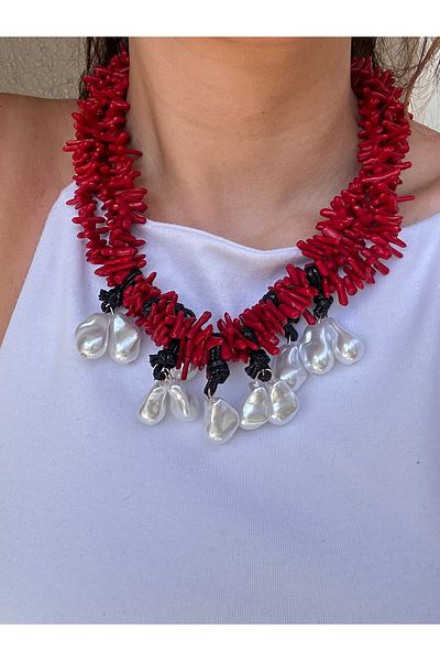 YENGEÇ Red Beaded Knot Model Pearl Necklace