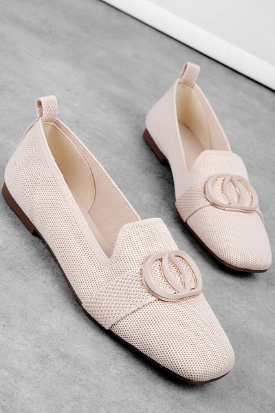 Lal Shoes & Bags Feles Women's Knitwear Fabric Gold Buckle Detailed Ballerina Shoes-Cream
