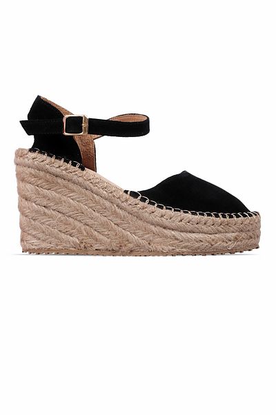 Lal Shoes & Bags Board Women's Genuine Leather Ankle Strap Wedge Heeled Sandals Shoes-S. Black