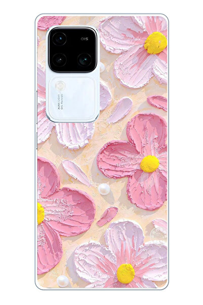 TechTree Vivo V30 Uyumlu Pembe Beyaz Çiçekler Sulu Boya Şeffaf Silikon Kılıf