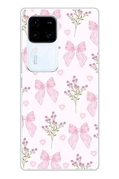 TechTree Vivo V30 Uyumlu Pembe Çiçek ve Fiyonklar Şeffaf Silikon Kılıf