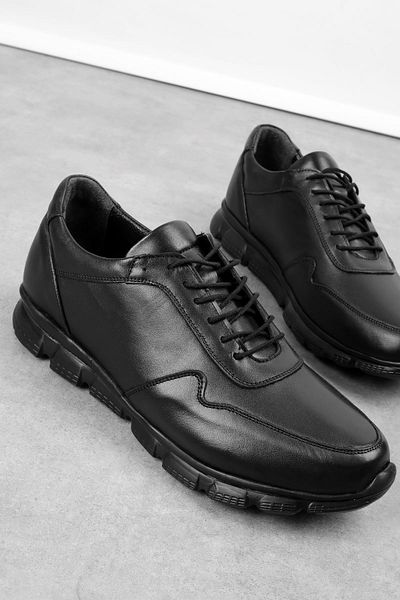 Lal Shoes & Bags Zeta Men's Genuine Leather Lace-Up Casual Shoes with Stitching Detail-Black