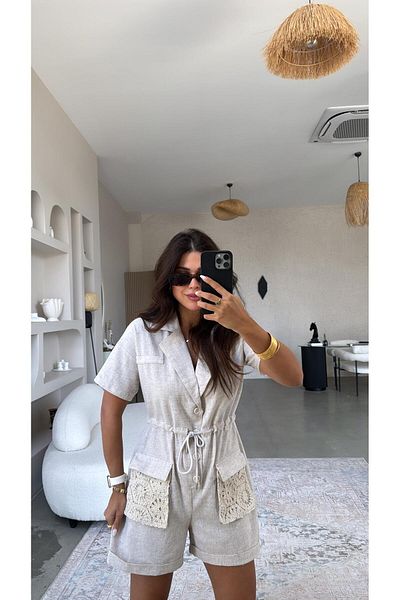 Buket Teke Linen Jumpsuit with Pocket Lace Detail