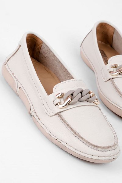 Lal Shoes & Bags Lavi Women's Genuine Leather Buckle Detailed Stitched Ballerina Shoes-Cream