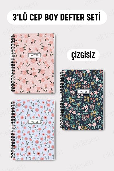 Eldesen Tasarım Set of 3 Pocket Size A6 Spiral Unlined Notebooks, Cardboard Cover 10X14 Cm, 50 Sheets 100 Pages