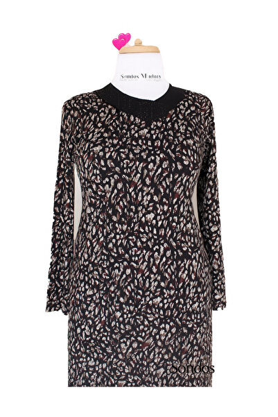 HESNA Kadın Serap Büyük Beden Bordo Yaprak desenli Siyah Elbise