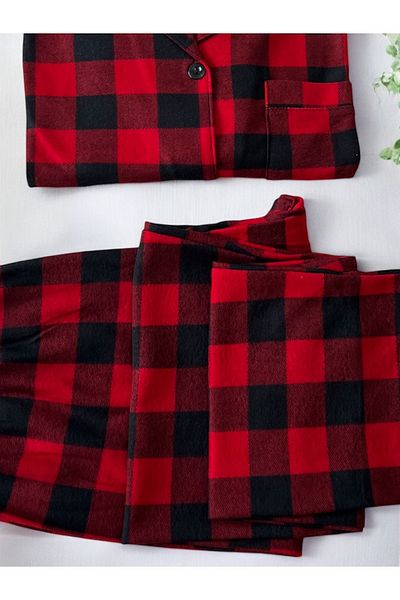 ÇağrıHome Women's 100% Cotton Suede Red Plaid Pattern Button Long Sleeve Winter Pajamas Set