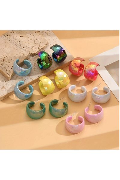 mos&more 7 Pairs, / Color Sparkling Shiny Women's Hoop Earrings, 3cm