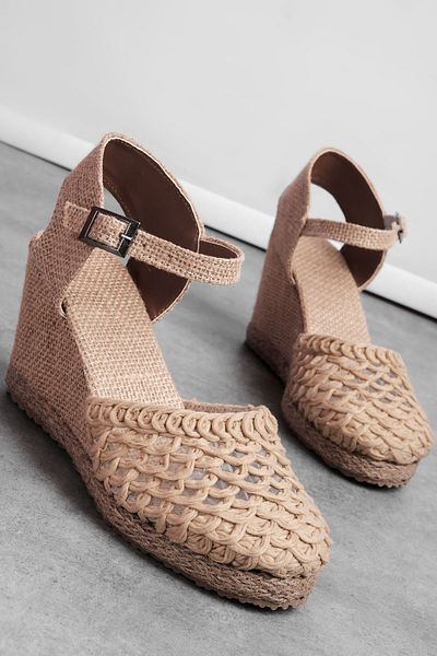 Lal Shoes & Bags Post Women's Knitted Detailed Ankle Strap Straw Wedge Heeled Sandals-Cream