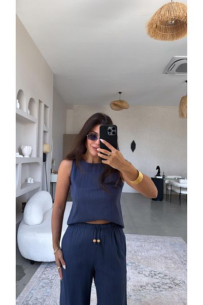 Buket Teke Navy Blue Linen Bead Detailed Trousers Blouse Set