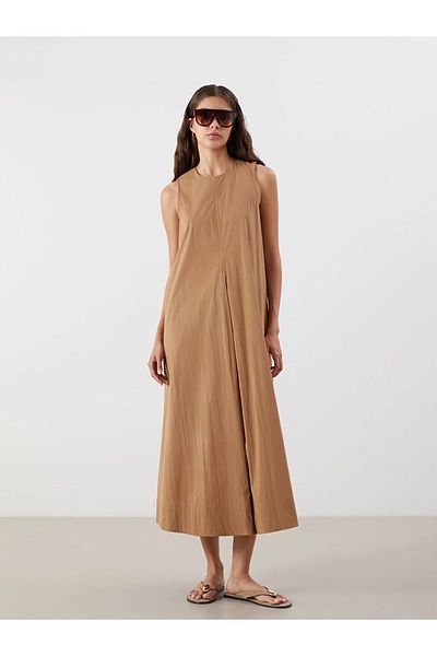 LC Waikiki Lcw Vision Brown Crew Neck A-Line Poplin Dress