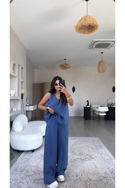 Buket Teke Indigo V-Neck Wide Leg Suit