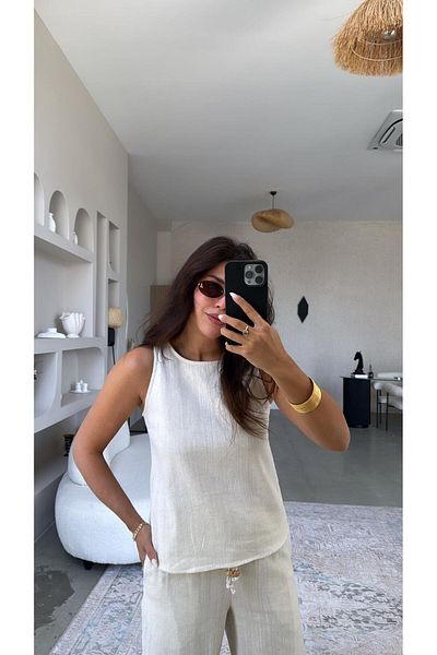 Buket Teke Stone Color Linen Bead Detailed Trousers Blouse Set