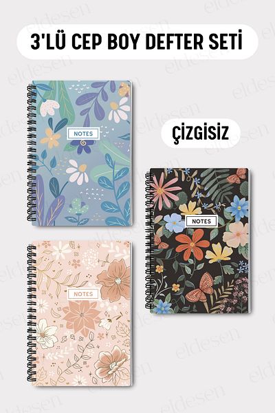 Eldesen Tasarım Set of 3 Pocket Size A6 Spiral Unlined Notebooks, Cardboard Cover 10X14 Cm, 50 Sheets 100 Pages
