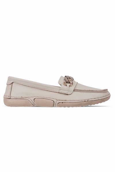 Lal Shoes & Bags Lavi Women's Genuine Leather Buckle Detailed Stitched Ballerina Shoes-Cream