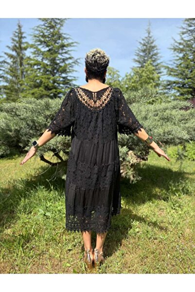 NUR TEKSTİL kadın siyah italyan şifon ipek ğüpürlü salaş kısa kol elbise 38/48 bedene kasar uyumlu