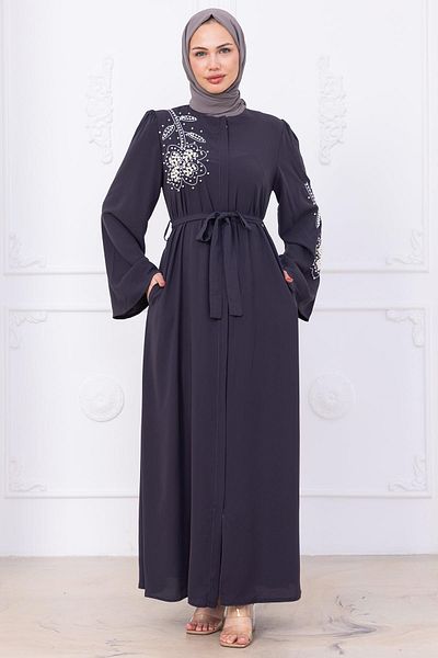 hafsamina Pearl Flower Motif Belted Ferace Smoked Hm2720