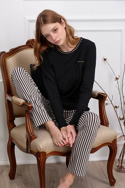 Pierre Cardin Women's Black Striped Crew Neck Short Sleeve 100% Cotton Pajama Set Q9.Pki.8Rk77