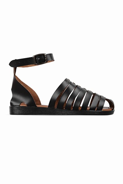 Lal Shoes & Bags صندل هيرالد نسائي من الجلد الطبيعي مغلق من الأمام - أسود