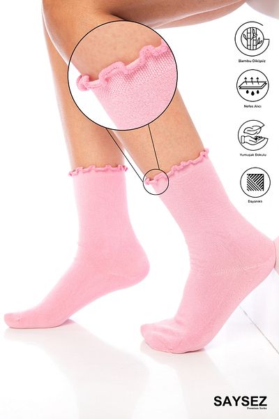 SAYSEZ Bamboo Women's Elasticless Pink Ruffled Socket Seamless Premium Socks / No Trace / No Squeeze Socks