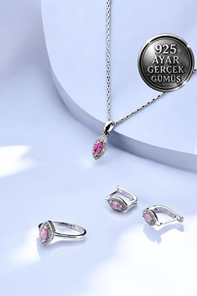 Mimodish 925 Ayar Gerçek Gümüş Blush Marquise Gümüş Kolye Küpe Yüzük Pembe Mi...