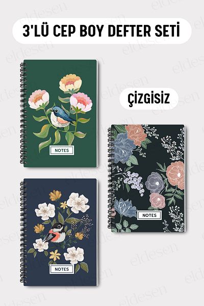 Eldesen Tasarım Set of 3 Pocket Size A6 Spiral Unlined Notebooks, Cardboard Cover 10X14 Cm, 50 Sheets 100 Pages