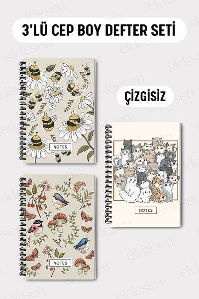 Eldesen Tasarım Set of 3 Pocket Size A6 Spiral Unlined Notebooks, Cardboard Cover 10X14 Cm, 50 Sheets 100 Pages