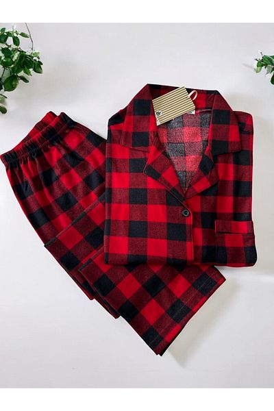 ÇağrıHome Women's 100% Cotton Suede Red Plaid Pattern Button Long Sleeve Winter Pajamas Set
