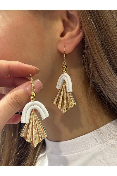 ZRA Copy - Vanilla Avenue Golden Yellow Fan White Twist Detailed Casual Dangle Women's Earrings