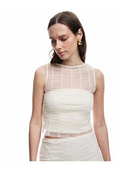 Koton X Melis Ağazat - Sleeveless Crew Neck Corset Detailed Transparent Look Blouse