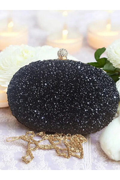 Jale Kadın Şık Kol Ve Omuz Clutch Portföy Siyah Altın Kasalı Taşlı Abiye Çanta