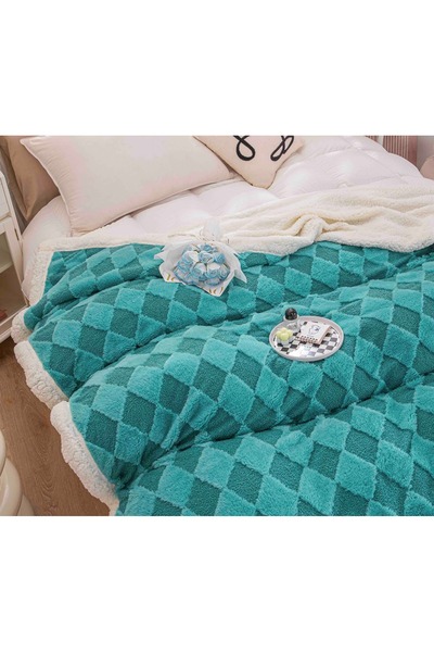 FIONNA.RO Cocolino Blanket With Rabbit Fur Checkered - Turquoise