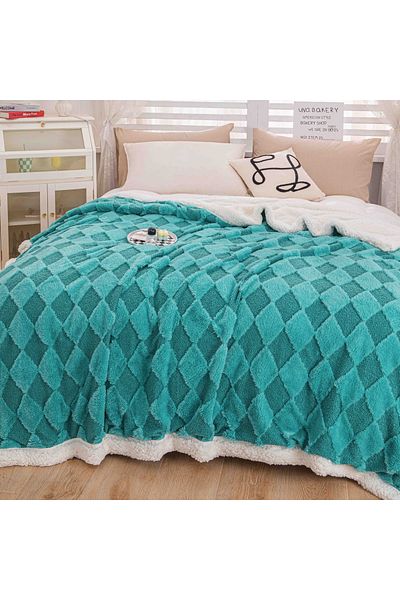 FIONNA.RO Cocolino Blanket With Rabbit Fur Checkered - Turquoise