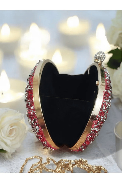 Jale Kadın Şık Kol Ve Omuz Clutch Portföy Kırmızı Taşlı Abiye Çanta