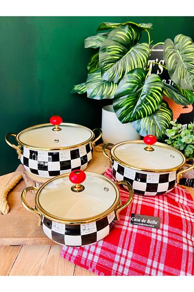 CASA DE BELLA Avangard 3-Piece Checkered Enamel Pot Set-Casa De Bella