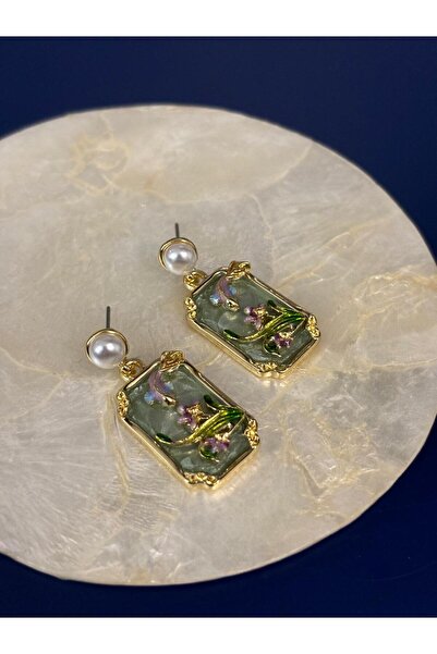 Idarosa Concept Yeşil Mineli İnci Çiçek ve Balık Motifli Dikdörtgen Çelik Küpe KARARMAZ