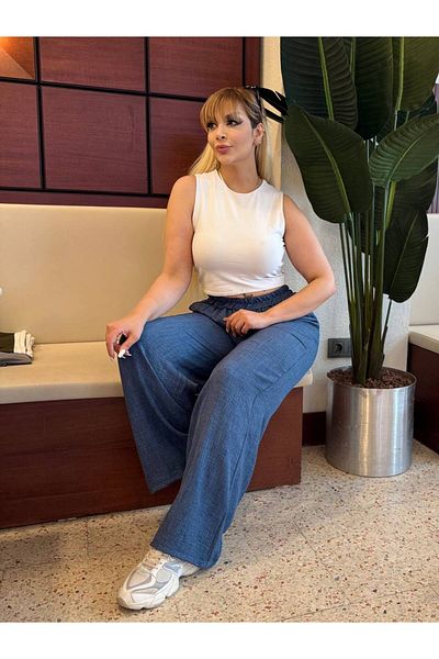 MODA Women's Large Size Pocketed Waist Elastic Linen Pants