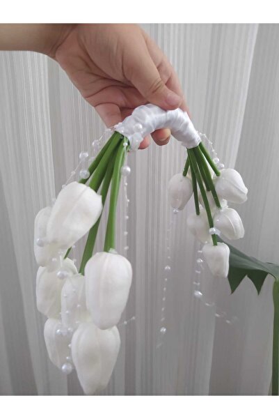 ABCDE 14'lü Beyaz Lale Gelin Buketi - Yapay Gelin Çiçeği İnci Detaylı, Modern...