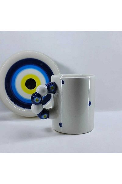 seda seramik Handmade Evil Eye Beaded 4 Piece Coffee Cup Set for 2 Persons 100 Ml.