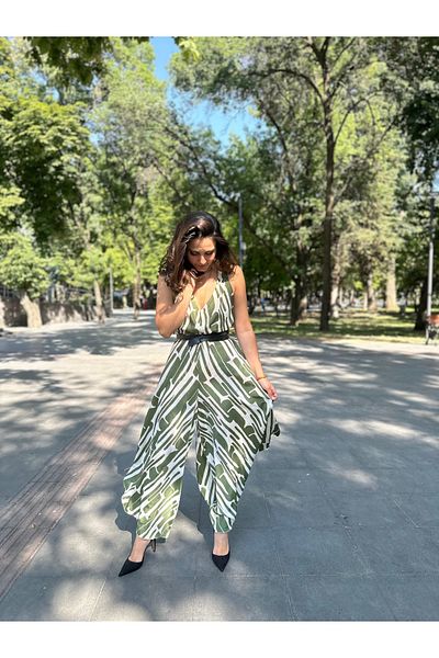 nidistore Women's Green Ecru Exotic Patterned Gold Gilded Straps Lace-Up Asymmetric Cut Wide Pasha Jumpsuit