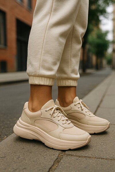 Trendova Premium Kalın Tabanlı Ortopedik Bej Kadın Günlük Spor Ayakkabı
