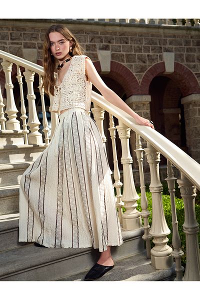 Koton Geometric Patterned A-Line Long Skirt with Ruched Waist